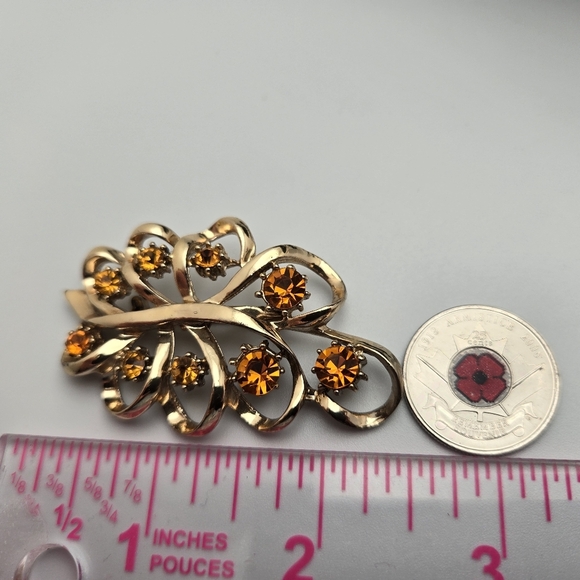 Coro Feather Brooch Vintage Art Deco Era Pin Gold Tone Amber Stones - Picture 3 of 9
